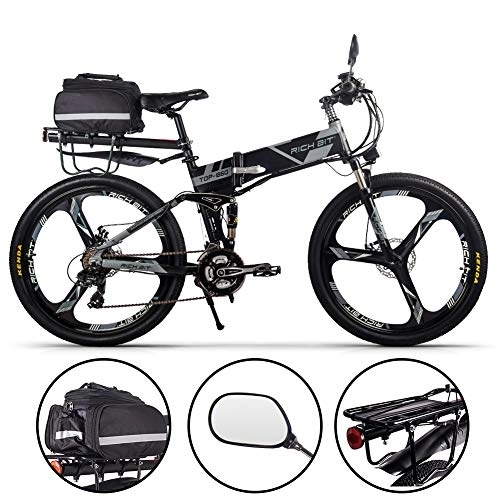 Elektrofahrräder : RICH BIT RT-860 Faltbares Elektrofahrrad 26", E-Bike mit austauschbarem 12, 8-Ah-Akku, 21 Geschwindigkeiten, Vollfederung (grau-Plus)