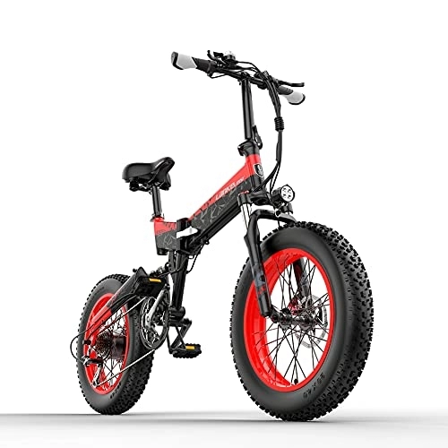 Elektrofahrräder : RICH BIT X3000 Elektrisches Faltrad für Erwachsene 48V 14, 5Ah Akku Snow Fat Bike Hydraulische Scheibenbremse 20 Zoll Mountain E-Bike (rot)
