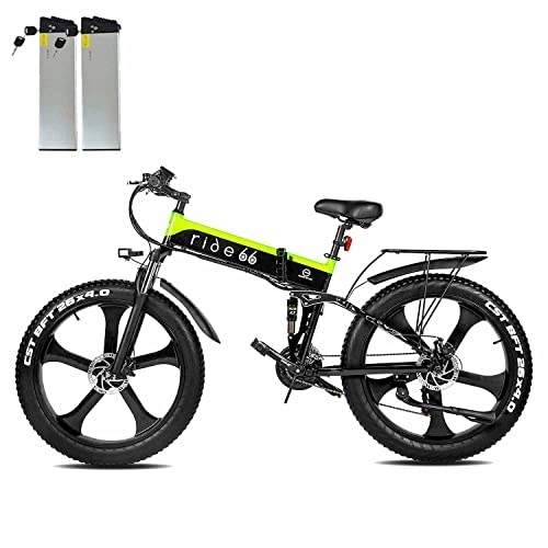 Elektrofahrräder : ride66 R5 26 Zoll Fat Tire Falt-E-Bike Mountainbike 48V 12, 8AH LG-Zellenbatterie 21-Gang-Hydraulikbremsen (Grüne Doppelbatterie)