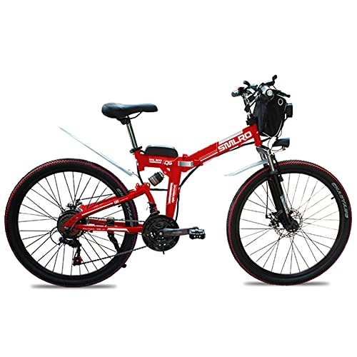Elektrofahrräder : SAWOO 1000W Elektrofahrrad Elektro-Mountainbike 26 Zoll faltendes E-Bike mit 10AH Lithium-Batterie Schnee-E-Bike 21-Gang-Getriebe (Rot)
