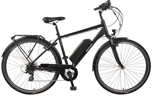 Elektrofahrräder : SAXXX Herren Touring E-Bike Pedelec Hinterradmotor 10, 4Ah 250W 36V Lithium-Ionen Akku Shimano 7Gang Kettenschaltung Federgabel, schwarz matt, One Size