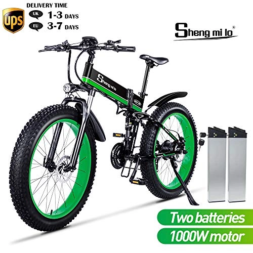 Elektrofahrräder : Shengmilo Elektrofahrräder, 26 Zoll Mountain Snow E-Fahrräder, 48V / 13Ah Lithium Batterie Inklusive(Grün)