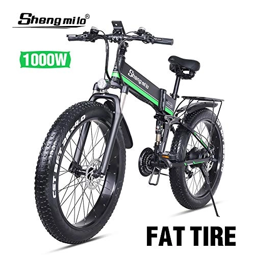 Elektrofahrräder : Shengmilo Mountainbike 26 Zoll 1000 Watt 48 V 13ah Klapp Elektrisches Schneemobil Shimano 21 Geschwindigkeit Elektrische Hilfshydraulische Scheibenbremsen (Green)