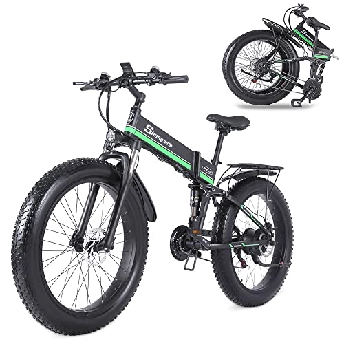 Elektrofahrräder : Shengmilo -MX01 Elektrisches Fahrrad, faltbar, 66 cm (26 Zoll), Lithium-Akku, 48 V, Schnee-Mountainbike, mit Shimano 21 Gänge (grün)