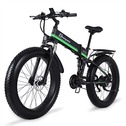 Elektrofahrräder : Shengmilo MX01 klappbares E-Bike Shimano 7 Gang-Schaltung 26 Zoll breiter Elektro Mountainbike, 48V 12.5AHLithium Batterie(95N.M) Elektrofahrrad (Grün)