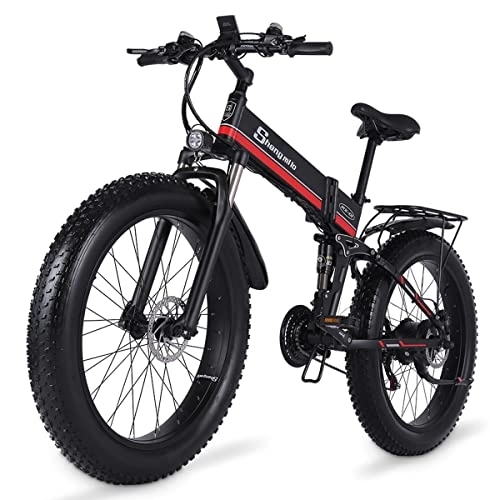 Elektrofahrräder : Shengmilo MX01 klappbares E-Bike Shimano 7 Gang-Schaltung 26 Zoll breiter Elektro Mountainbike, 48V 12.5AHLithium Batterie(95N.M) Elektrofahrrad (Rot)
