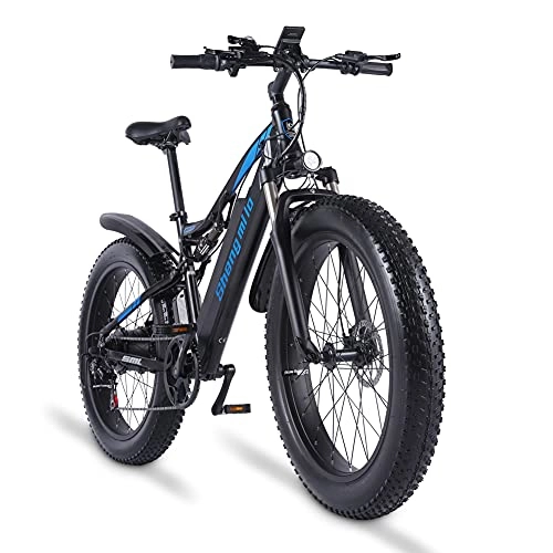 Elektrofahrräder : Shengmilo -MX03 Vollfederung für E-Bike, Schnee, Mountainbike, E-Bike, 26 Zoll, 4.0 Fat Tire ebike, 48 V x 17 Ah, Lithium-Akku