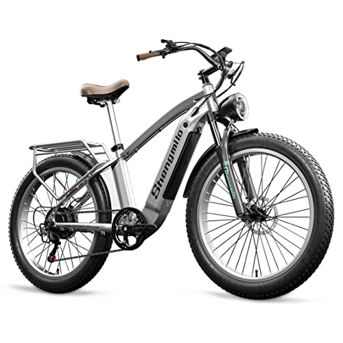 Elektrofahrräder : Shengmilo-MX04 Elektrofahrrad, Fat Tire für Erwachsene, elektrisches Mountainbike mit 3 Fahrmodi, BAFANG Motor, 48V 15Ah Wechselbatterie, hydraulische Scheibenbremsen, 190×70×110cm, hellgrau