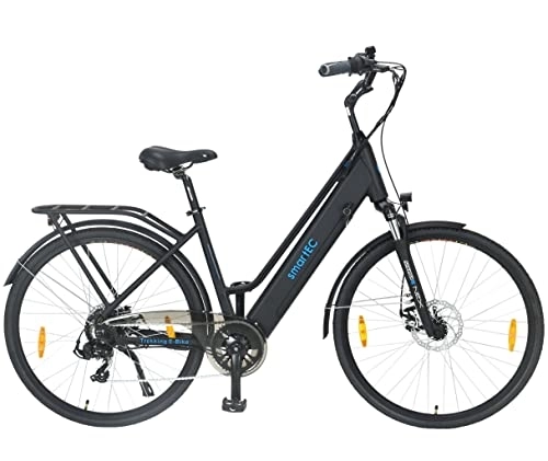 Elektrofahrräder : smartEC Trek-28D E-Bike Damen Trekking 250W Hinterradmotor Li-Ion-Akku 36V / 13Ah Elektrofahrrad 28 Zoll Reichweite 90km bis 25 km / h Trekking City Modelljahr 2023 (Schwarz)