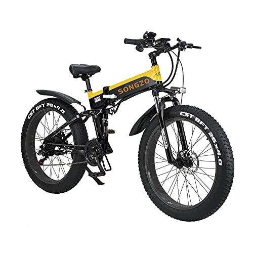 Elektrofahrräder : SONGEZO Elektrisches Fahrrad 26 Zoll Fat Tire Snow Mountainbike mit Abnehmbarer 48V 12.8AH Lithiumbatterie und Gepäckträger (Gelb)