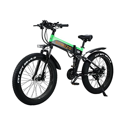 Elektrofahrräder : SONGEZO Elektrisches Fahrrad 26 Zoll Fat Tire Snow Mountainbike mit Abnehmbarer 48V 12.8AH Lithiumbatterie und Gepäckträger (Grün)