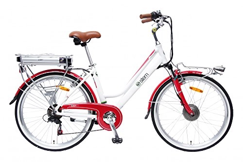 Elektrofahrräder : STEM Elektrofahrrad E-Bike Samsung Lithium Akku 26' 250W Shimano 6-Gang Elektromotor inkl. USB, Farbe:weiß-rot