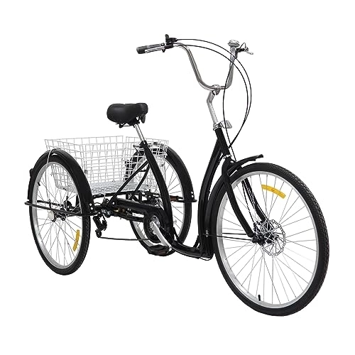 Elektrofahrräder : SuhoFutus Dreirad für Erwachsene, 26" Erwachsene Dreirad mit Einkaufskorb, 6 Gang Einstellbar Fahrrad, Schwarz, Max. Last-120kg, für alle Arten von Straßenoberflächen