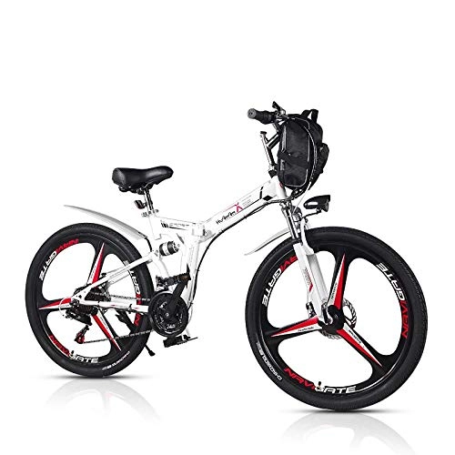 Elektrofahrräder : SYLTL Elektrofahrrad 26Zoll E- Bike Mountainbike 48V 8AH Lithium Batterie Abnehmbarer 21 Gang Getriebe Faltbares E-Bike, Wei, 65km