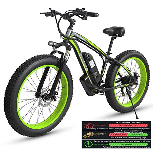 Elektrofahrräder : TANCEQI Elektrofahrrad E-Bike Mountainbike, 26" Fettreifen Elektrisches Fahrrad, Schneestrand Elektrofahrrad, LED Fahrradlicht, 21 Geschwindigkeiten Schnee E-Bike, Grün