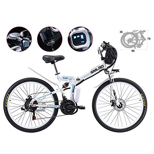 Elektrofahrräder : TANCEQI Elektrofahrräder Faltrad MTB Mountainbike E-Bike 26 Zoll Doppel-Federung Und 21 Speed Fahrrad Elektrofahrrad 3-Modus-Power-Scooter-LED-Scheinwerfer Für Erwachsene, Weiß