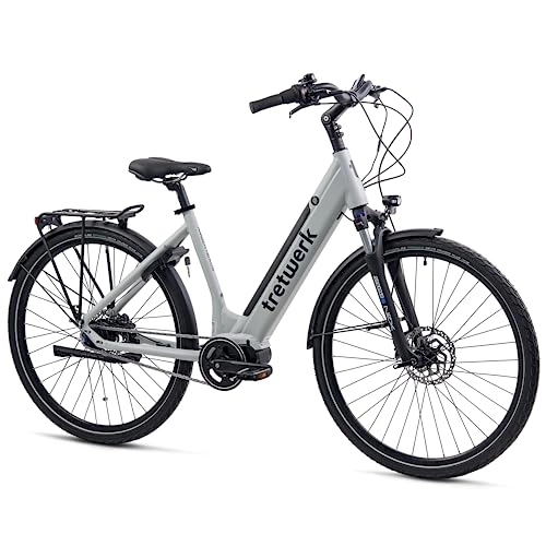 Elektrofahrräder : TRETWERK - 28 Zoll E-Bike - Damen City Bike - Amber Nexus - Pedelec Damenfahrrad mit Shimano Nexus 7 Nabenschaltung - E-Cityrad Elektrofahrrad mit Mittelmotor 250W 36V 522Wh 80Nm - grau 50cm