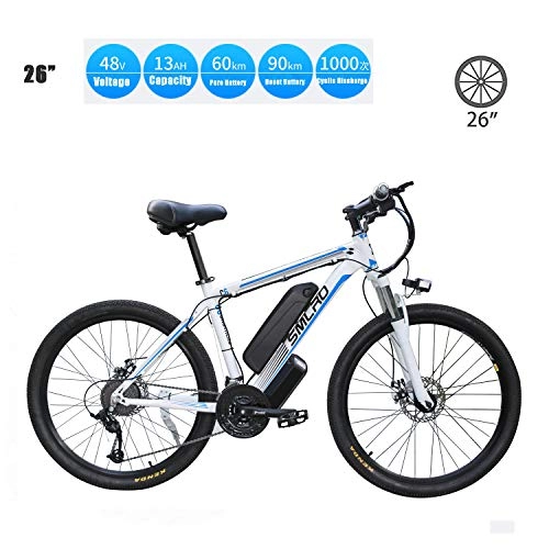 Elektrofahrräder : UNOIF Elektro-Fahrrad Elektro-Mountainbike, 26" Electric City Ebike Fahrrad mit 350W Brushless Heckmotor für Erwachsene, 48V / 13Ah Abnehmbare Lithium-Batterie, White Blue