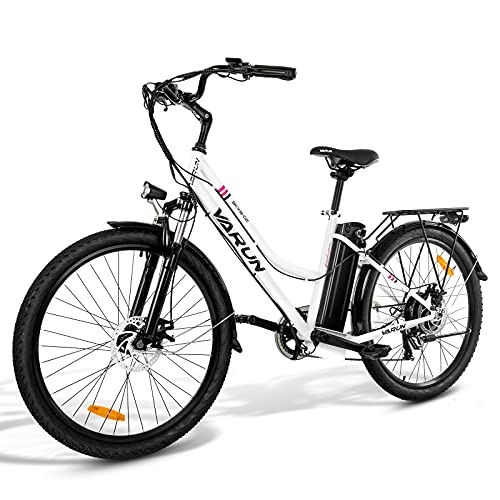 Elektrofahrräder : VARUN Damen Herren E-Bike 26 Zoll Elektrofahrrad Shimano 7 Gänge Pedelec Citybike mit 350W Motor 36V 10.4AH Lithium-Ionen-Akku E-Fahrrad für Erwachsene (Weiß)