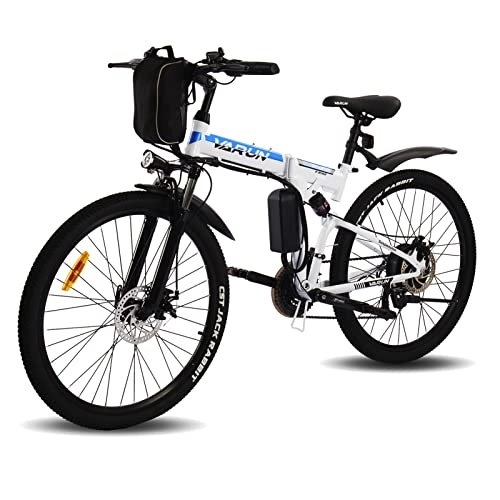 Elektrofahrräder : VARUN Faltbares E-Bike 26 Zoll Elektrofahrrad Mountainbike Klappbar Pedelec für Damen und Herren mit 250W Motor 36V 8 Ah Lithium-Ionen-Batterie Shimano  21-Gänge (Weiß)
