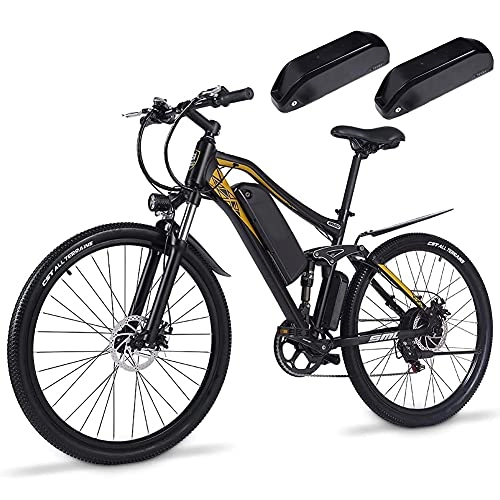Elektrofahrräder : Vikzche Q M60 Elektrofahrrad 27, 5 Zoll mit 48 V / 15 Ah herausnehmbarem Lithium-Akku, Vollfederung, Shimano 7-Gang-City-Bike 500 W (2 Batterien)