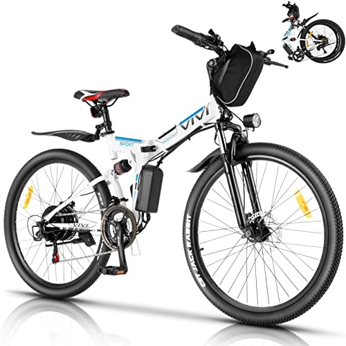 Elektrofahrräder : VIVI E-Bike 26" E-Mountainbike mit Abnehmbarer 36V 8Ah Akku 250W Motor 25km / h und Shimano 21-Gang Elektrofahrrad Ausdauer 50km Herren und Damen (Weiß Blau)