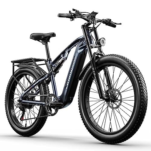 Elektrofahrräder : VOZCVOX E Bike Herren Damen Elektrofahrrad 26 Zoll E-Mountainbike Vollfederung mit Akku 48V17.5AH, 7 Gang, 3, 0" Fat Tire E-Bike, Scheibenbremsen
