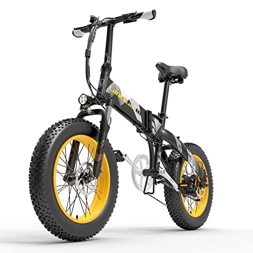 Elektrofahrräder : X2000plus 7-Gang-Klapp-Elektrofahrrad 48V versteckte Lithiumbatterie 20 * 4, 0-Zoll-Fettreifen-Mountainbike-Schneefahrrad für Erwachsene (12.8Ah, Black Yellow)