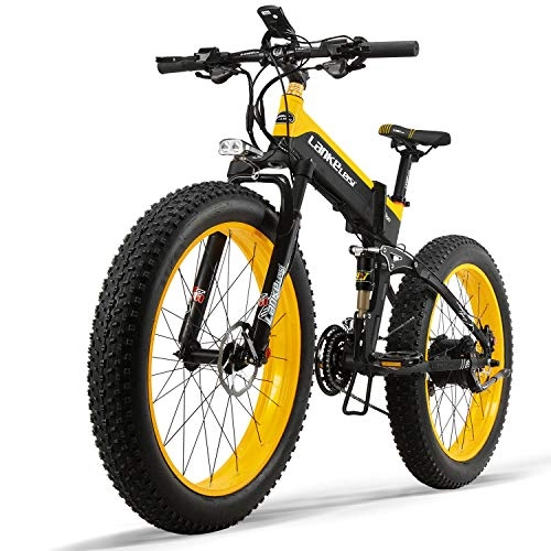 Elektrofahrräder : XTD Elektrisches Gebirgsfahrrad 26 Zoll Fat Tire E-Bike (Höchstgeschwindigkeit 40 Km / H) Cruiser Mens Sport Bike Full Suspension Lithium-Batterie MTB Dirtbike 500w New 48V, Gelb A