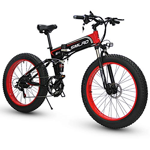 Elektrofahrräder : XXCY Faltbares Fahrrad, elektrisches Fahrrad, 26 Zoll Fetter Reifen, Motor 48v 1000w, bewegliche Lithium-Batterie Shimano 7 Geschwindigkeit (red)
