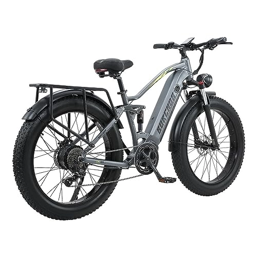 Elektrofahrräder : YUNYUE Elektro Mountain Bike, 26-inch Front and Rear Shock Absorption, Fat Tire, Strand Off-Road Schneemobil, mit Scheinwerfer & Helm (Grau)