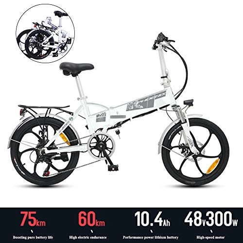 Elektrofahrräder : YXYBABA Elektrofahrrad, zusammenklappbar, 20 Zoll, Mountainbike mit Akku, 300 W, 48 V, 10, 4 Ah, hohe Stoßdämpfung und 7 Gängen Shimano, Weiß
