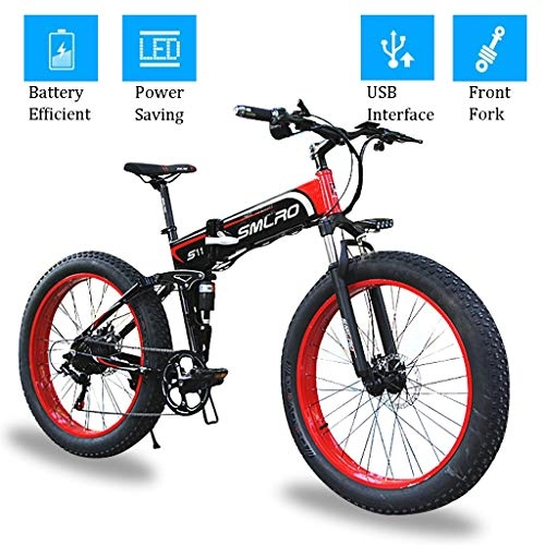 Elektrofahrräder : ZJGZDCP 26-Zoll-Fat Tire Electric Bikes 48V 350W Folding Motor Elektro-Fahrrad mit LCD-Display und USB-Schnittstelle for Männer Adult Outdoor Radfahren Trabing (Color : RED, Size : 36V-10Ah)