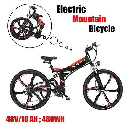 Elektrofahrräder : ZJGZDCP Erwachsene Folding Electric Mountain Bike Superleichtgewicht Elektro-Bike Premium Full Suspension Elektrisches Fahrrad 480W Leistungsstarke Motor 48V 10Ah Wechselakku (Color : Black)