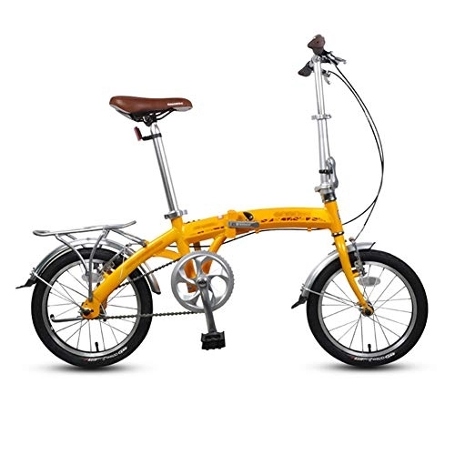 Falträder : 16-Zoll-Faltrad, Single-Speed-Leichtbau-Aluminiumrahmen, faltbares Kompaktfahrrad mit Gepäckträger und Schutzblechen für Erwachsene, Gelb
