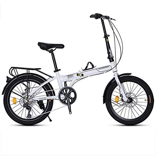 Falträder : 20-Zoll-Faltrad, 7-Gang-Low-Step-Through-Stahlrahmen Faltbares Kompaktfahrrad mit Komfortsattel und Gepäckträger für Erwachsene, Weiß