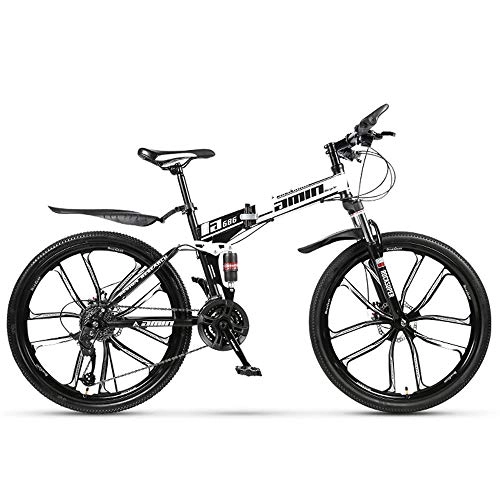 Falträder : 21 Speed ​​Shifter Folding MTB Fahrrad Faltbare Off-Road Mountainbike Doppelscheibenbremsen Falten Reise Radfahren 26 Zoll Zehn Messer Reifen (Farbe: Schwarz Weiß)