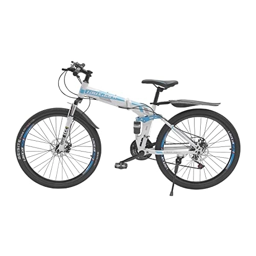 Falträder : 26-Zoll-Mountainbike Tragbares Faltrad 21-Gang-faltbares Outdoor-Sport-Mountainbike mit Doppelscheibenbremsen Leichtes Fahrrad aus Kohlenstoffstahl für Damen und Herren (Blau und weiß)