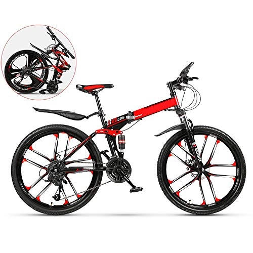 Falträder : All-Purpose Unisex, 26 Zoll Boy Mountainbike, 10 Messer Einrad Faltbares Fahrrad aus kohlenstoffhaltigem Stahl, Doppelstoßdämpfer mit Variabler Geschwindigkeit, Rot, 21 Speed