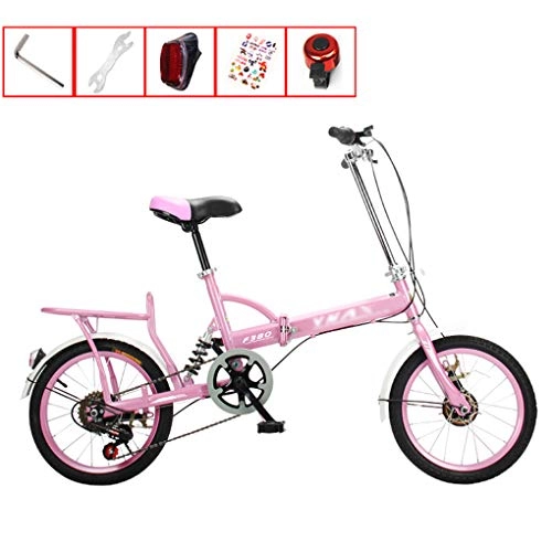 Falträder : AOHMG 16'' Faltrad klapprad, 7- Gang Leichte Stahlrahmen Pendler Faltbare Stadt Fahrrad, mit Fender / Rear-Rack, Pink