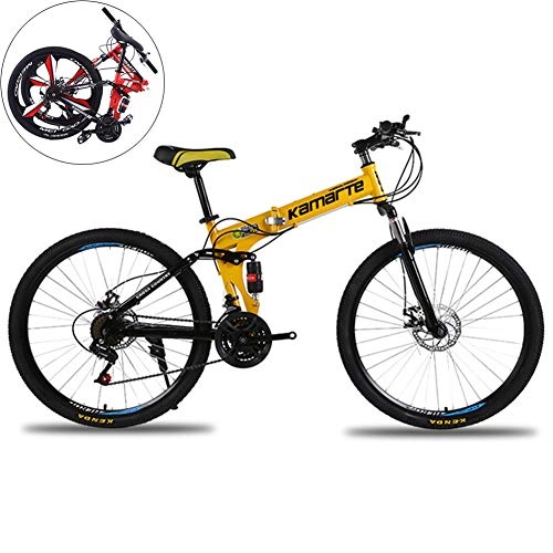 Falträder : AUZZO HOME Fahrrad Variabler Geschwindigkeit, 26-Zoll-Klapp-MountainAll-Terrain-Sportfahrräder mit Stoßdämpfer und Doppelscheibenbremsen für Erwachsene und Jugendliche, Gelb, 27 Speed