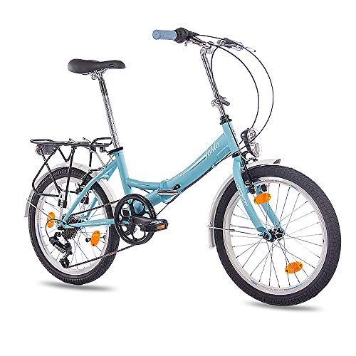 Falträder : CHRISSON 20 Zoll Faltrad Klapprad - Foldo blau - Faltfahrrad für Herren und Damen - 20 Zoll klappbares Fahrrad mit 6 Gang Shimano Kettenschaltung - Folding City Bike
