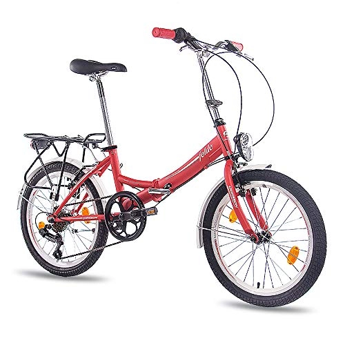 Falträder : CHRISSON 20 Zoll Faltrad Klapprad - Foldo rot - Faltfahrrad für Herren und Damen - 20 Zoll klappbares Fahrrad mit 6 Gang Shimano Kettenschaltung - Folding City Bike