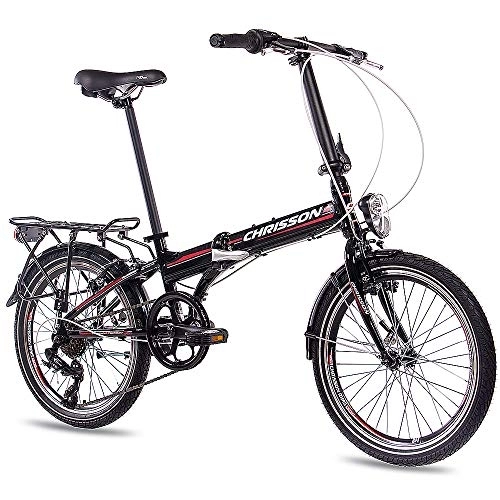 Falträder : CHRISSON 20 Zoll Faltrad Klapprad - Foldrider 1.0 schwarz - Faltfahrrad für Herren und Damen - 20 Zoll klappbares Fahrrad mit 7 Gang Shimano Kettenschaltung - Folding City Bike