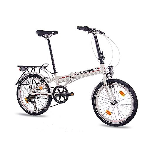 Falträder : CHRISSON 20 Zoll Faltrad Klapprad - Foldrider 1.0 Weiss - Faltfahrrad für Herren und Damen - 20 Zoll klappbares Fahrrad mit 7 Gang Shimano Kettenschaltung - Folding City Bike
