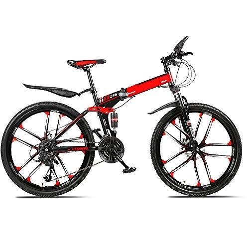 Falträder : D&XQX Mountain Bikes, Klapp High Carbon Stahlrahmen 24 Zoll mit Variabler Geschwindigkeit Doppelstoßdämpfung Ten Fräsräder Faltbare Fahrrad, für Höhe 145-185Cm, Rot, 21 Speed