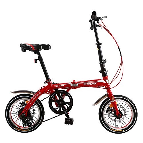 Falträder : DASLING 14 Zoll 6-Gang-Fahrrad für Erwachsene Männer und Frauen Doppelscheibenbremsen Faltrad @ Red 6-Gang