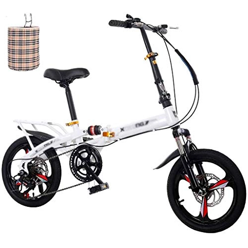 Falträder : Doppelstoßdämpfende Folding Fahrrades, ultraleichtes tragbares Erwachsene Fahrrad, 16-Zoll-Studenten Fahrrad for Männer |Frauen mit Variabler Geschwindigkeit (Farbe : Weiß)