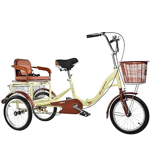 Falträder : Dreirad für Erwachsene 16'' 20'' klappbares 3-Rad mit Gemüsekorb + Rücksitz für ältere Menschen und Eltern Kohlenstoffstahlrahmen belastbar 200kg (Color:BEIGE, Size:16'')