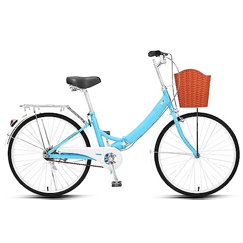 Falträder : Dxcaicc Klappbares Fahrrad, 24-Zoll Stadtfahrrad mit hochwertigem Kohlenstoffstahlrahmen, Höhenverstellbares klappbares Fahrrad mit Korb, Blau